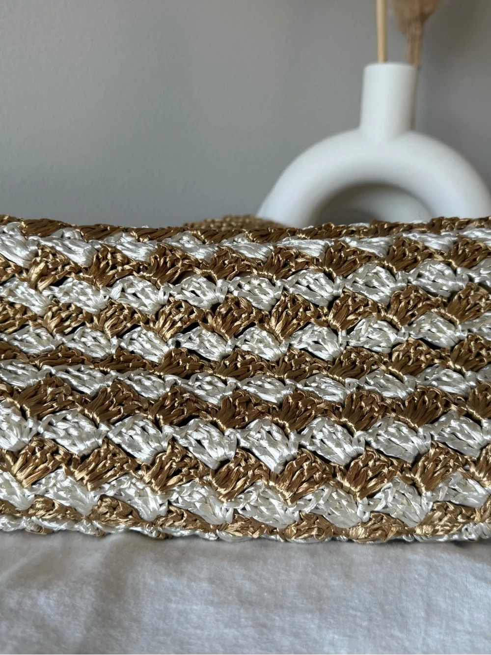 Prada Triangle Raffia Canapa Tote -  Gold & White